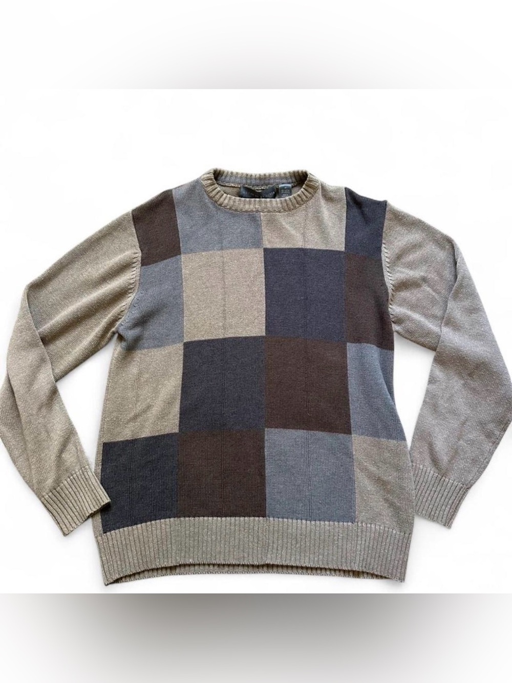 Oscar de la Renta Vintage 90s Retro Brown & Grey Knit Patchwork Sweater